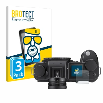 Vorderseite einer Produktverpackung mit dem Markenlogo BROTECT. Daneben ist das Gerät Leica SL3 (Schulterdisplay) mit dem zuge