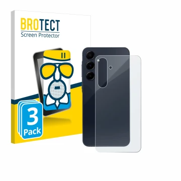 Vorderseite einer Produktverpackung mit dem Markenlogo BROTECT. Daneben ist das Gerät Samsung Galaxy A55 5G (Rückseite) mit de