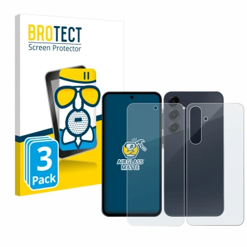 Vorderseite einer Produktverpackung mit dem Markenlogo BROTECT. Daneben ist das Gerät Samsung Galaxy A55 5G (Display+Rückseite