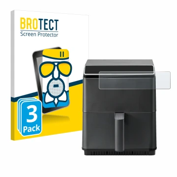 Vorderseite einer Produktverpackung mit dem Markenlogo BROTECT. Daneben ist das Gerät Cosori CAF-P583S mit dem zugehörigen Dis