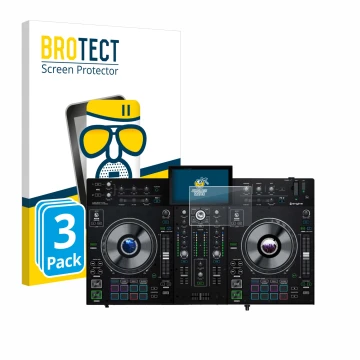 Vorderseite einer Produktverpackung mit dem Markenlogo BROTECT. Daneben ist das Gerät Denon DJ Prime 2 mit dem zugehörigen Dis