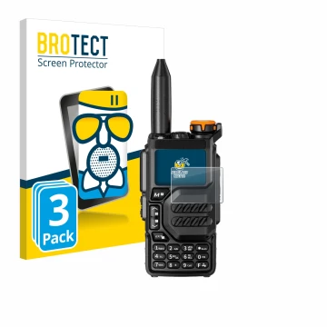 Vorderseite einer Produktverpackung mit dem Markenlogo BROTECT. Daneben ist das Gerät Quansheng UV-K5 mit dem zugehörigen Disp