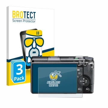 Vorderseite einer Produktverpackung mit dem Markenlogo BROTECT. Daneben ist das Gerät Ricoh GR IIIx HDF mit dem zugehörigen Di
