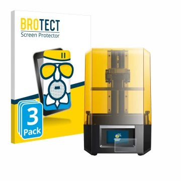 Vorderseite einer Produktverpackung mit dem Markenlogo BROTECT. Daneben ist das Gerät Anycubic Photon Mono M5s mit dem zugehör