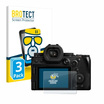 Vorderseite einer Produktverpackung mit dem Markenlogo BROTECT. Daneben ist das Gerät Panasonic Lumix DC-S5II mit dem zugehöri