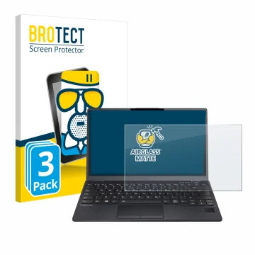 Vorderseite einer Produktverpackung mit dem Markenlogo BROTECT. Daneben ist das Gerät Fujitsu Lifebook U9312 mit dem zugehörig