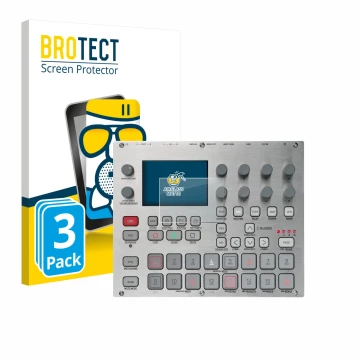 Vorderseite einer Produktverpackung mit dem Markenlogo BROTECT. Daneben ist das Gerät Elektron Syntakt E25 Remix Edition mit d