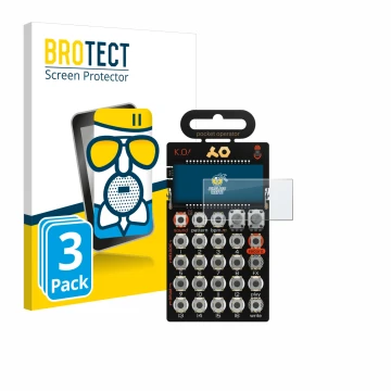 Vorderseite einer Produktverpackung mit dem Markenlogo BROTECT. Daneben ist das Gerät Teenage Engineering PO-33 K.O! mit dem z