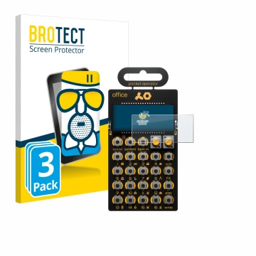 Vorderseite einer Produktverpackung mit dem Markenlogo BROTECT. Daneben ist das Gerät Teenage Engineering PO-24 office mit dem