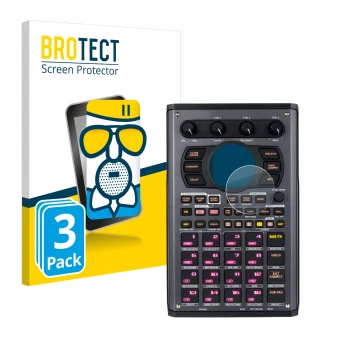 Vorderseite einer Produktverpackung mit dem Markenlogo BROTECT. Daneben ist das Gerät Roland SP-404MKII mit dem zugehörigen Di