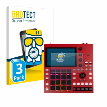 Vorderseite einer Produktverpackung mit dem Markenlogo BROTECT. Daneben ist das Gerät Akai MPC One+ mit dem zugehörigen Displa