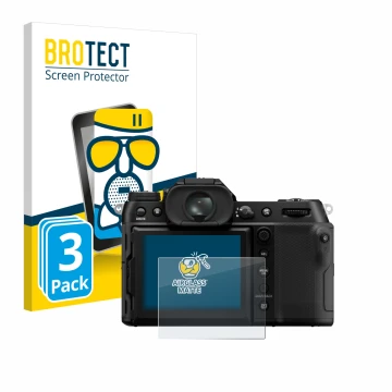 Vorderseite einer Produktverpackung mit dem Markenlogo BROTECT. Daneben ist das Gerät Fujifilm GFX100S II mit dem zugehörigen 