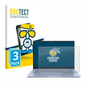 Vorderseite einer Produktverpackung mit dem Markenlogo BROTECT. Daneben ist das Gerät ASUS Vivobook S16 OLED S5606 mit dem zug