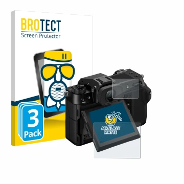 Vorderseite einer Produktverpackung mit dem Markenlogo BROTECT. Daneben ist das Gerät Fujifilm GFX100S II (Display + Schulterd