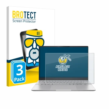 Vorderseite einer Produktverpackung mit dem Markenlogo BROTECT. Daneben ist das Gerät ASUS Vivobook S 14 OLED M5406 mit dem zu