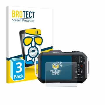 Vorderseite einer Produktverpackung mit dem Markenlogo BROTECT. Daneben ist das Gerät Ricoh Pentax WG-1000 mit dem zugehörigen