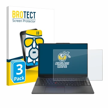 Vorderseite einer Produktverpackung mit dem Markenlogo BROTECT. Daneben ist das Gerät Lenovo ThinkPad E16 Gen 2 mit dem zugehö