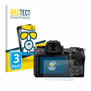 Vorderseite einer Produktverpackung mit dem Markenlogo BROTECT. Daneben ist das Gerät Nikon Z6 III mit dem zugehörigen Display