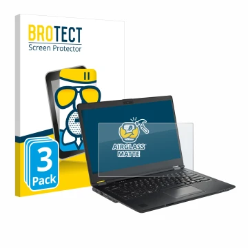 Vorderseite einer Produktverpackung mit dem Markenlogo BROTECT. Daneben ist das Gerät Fujitsu Lifebook U7410 mit dem zugehörig