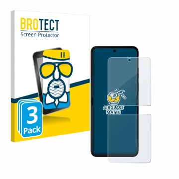 Vorderseite einer Produktverpackung mit dem Markenlogo BROTECT. Daneben ist das Gerät Motorola Razr 50 mit dem zugehörigen Dis
