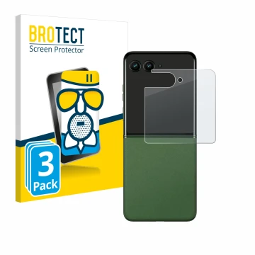 Vorderseite einer Produktverpackung mit dem Markenlogo BROTECT. Daneben ist das Gerät Motorola Razr 50 (Hinteres Display) mit 