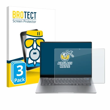 Vorderseite einer Produktverpackung mit dem Markenlogo BROTECT. Daneben ist das Gerät HP OmniBook X AI 14 mit dem zugehörigen 