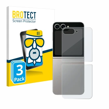 Vorderseite einer Produktverpackung mit dem Markenlogo BROTECT. Daneben ist das Gerät Samsung Galaxy Z Flip 6 (Rückseite) mit 