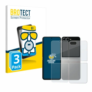 Vorderseite einer Produktverpackung mit dem Markenlogo BROTECT. Daneben ist das Gerät Samsung Galaxy Z Flip 6 (Display+Rücksei