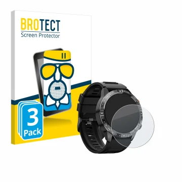 Vorderseite einer Produktverpackung mit dem Markenlogo BROTECT. Daneben ist das Gerät Sanorum Smartwatch 1.43