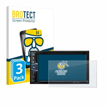 Vorderseite einer Produktverpackung mit dem Markenlogo BROTECT. Daneben ist das Gerät Alpine INE-W611D mit dem zugehörigen Dis