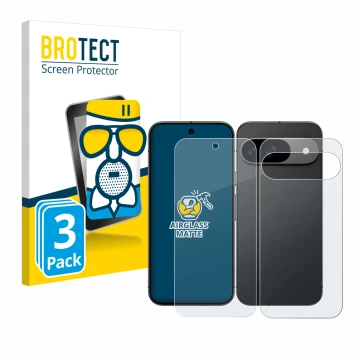 Vorderseite einer Produktverpackung mit dem Markenlogo BROTECT. Daneben ist das Gerät Google Pixel 9 (Display+Rückseite) mit d