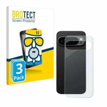 Vorderseite einer Produktverpackung mit dem Markenlogo BROTECT. Daneben ist das Gerät Google Pixel 9 Pro (Rückseite) mit dem z