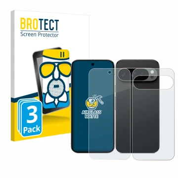 Vorderseite einer Produktverpackung mit dem Markenlogo BROTECT. Daneben ist das Gerät Google Pixel 9 Pro (Display+Rückseite) m
