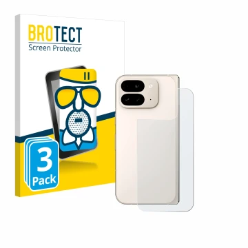 Vorderseite einer Produktverpackung mit dem Markenlogo BROTECT. Daneben ist das Gerät Google Pixel 9 Pro Fold (Rückseite) mit 