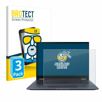 Vorderseite einer Produktverpackung mit dem Markenlogo BROTECT. Daneben ist das Gerät ASUS Vivobook S 14 Flip TN3402 mit dem z