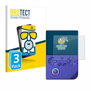 Vorderseite einer Produktverpackung mit dem Markenlogo BROTECT. Daneben ist das Gerät Anbernic RG40XXV mit dem zugehörigen Dis