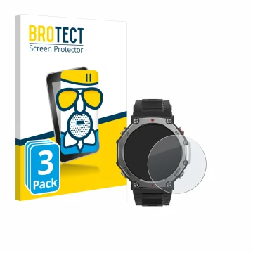 Vorderseite einer Produktverpackung mit dem Markenlogo BROTECT. Daneben ist das Gerät Huami Amazfit T-Rex 3 mit dem zugehörige