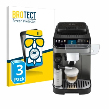 Vorderseite einer Produktverpackung mit dem Markenlogo BROTECT. Daneben ist das Gerät DeLonghi Magnifica Evo Next mit dem zuge