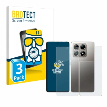 Vorderseite einer Produktverpackung mit dem Markenlogo BROTECT. Daneben ist das Gerät Xiaomi 14T (Display+Rückseite) mit dem z