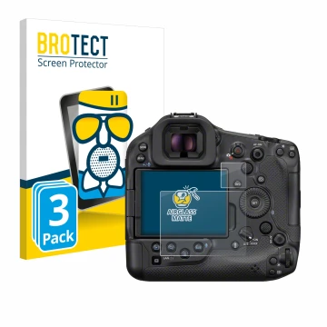 Vorderseite einer Produktverpackung mit dem Markenlogo BROTECT. Daneben ist das Gerät Canon EOS R1 mit dem zugehörigen Display
