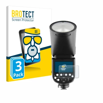 Vorderseite einer Produktverpackung mit dem Markenlogo BROTECT. Daneben ist das Gerät Godox TT685 II mit dem zugehörigen Displ