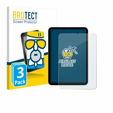 Vorderseite einer Produktverpackung mit dem Markenlogo BROTECT. Daneben ist das Gerät Apple iPad Mini 7 WiFi 2024 mit dem zuge