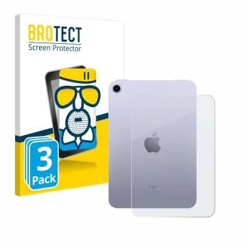 Vorderseite einer Produktverpackung mit dem Markenlogo BROTECT. Daneben ist das Gerät Apple iPad Mini 7 2024 (Rückseite) mit d
