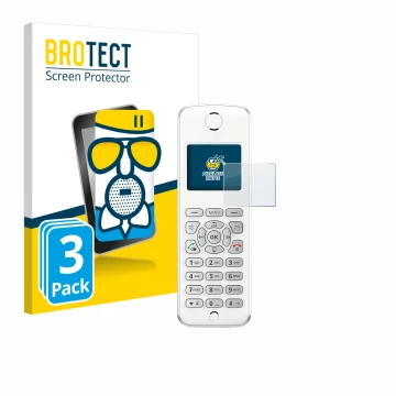 Vorderseite einer Produktverpackung mit dem Markenlogo BROTECT. Daneben ist das Gerät AVM Fritz!Fon M2 mit dem zugehörigen Dis