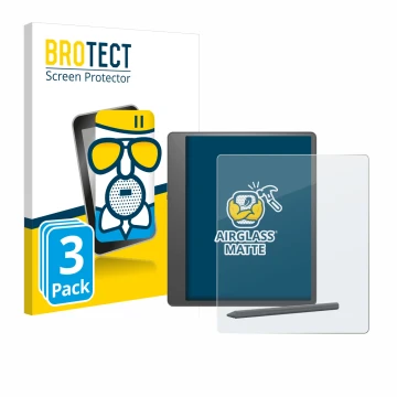 Vorderseite einer Produktverpackung mit dem Markenlogo BROTECT. Daneben ist das Gerät Amazon Kindle Scribe 2024 mit dem zugehö