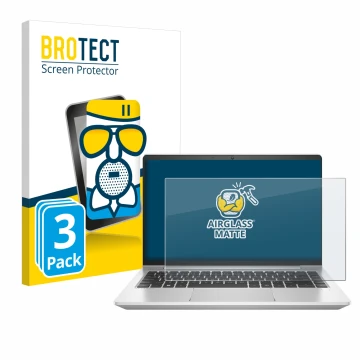 Vorderseite einer Produktverpackung mit dem Markenlogo BROTECT. Daneben ist das Gerät HP ProBook 445 G9 mit dem zugehörigen Di