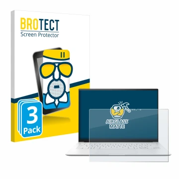 Vorderseite einer Produktverpackung mit dem Markenlogo BROTECT. Daneben ist das Gerät ASUS ZenBook S 14 UX5406 mit dem zugehör