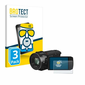 Vorderseite einer Produktverpackung mit dem Markenlogo BROTECT. Daneben ist das Gerät Panasonic HC-VX3 mit dem zugehörigen Dis