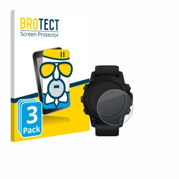 Vorderseite einer Produktverpackung mit dem Markenlogo BROTECT. Daneben ist das Gerät Garmin Descent G1 Solar mit dem zugehöri