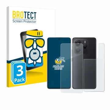 Vorderseite einer Produktverpackung mit dem Markenlogo BROTECT. Daneben ist das Gerät Xiaomi Redmi Note 14 (Display+Rückseite)